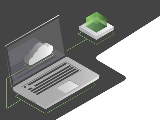 graphic of a computer connected to a green cube