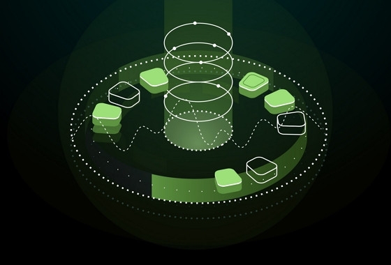 Black and green trapezoids in placed on a circle with cylindrical beam coming out of the middle