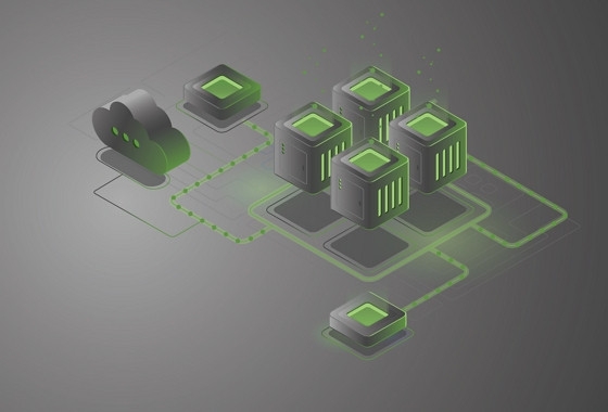 Green and black cloud connected to black and green cubes that look like servers