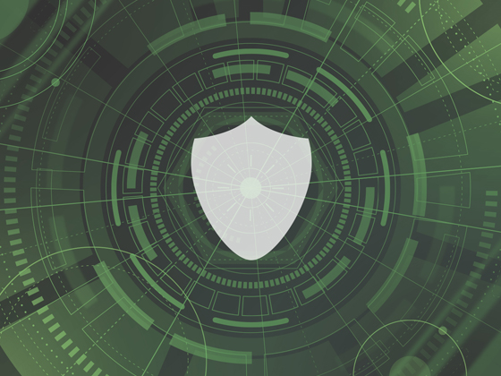 graphic of a shield green background with circular patterns on it with a translucent white shield in the middle